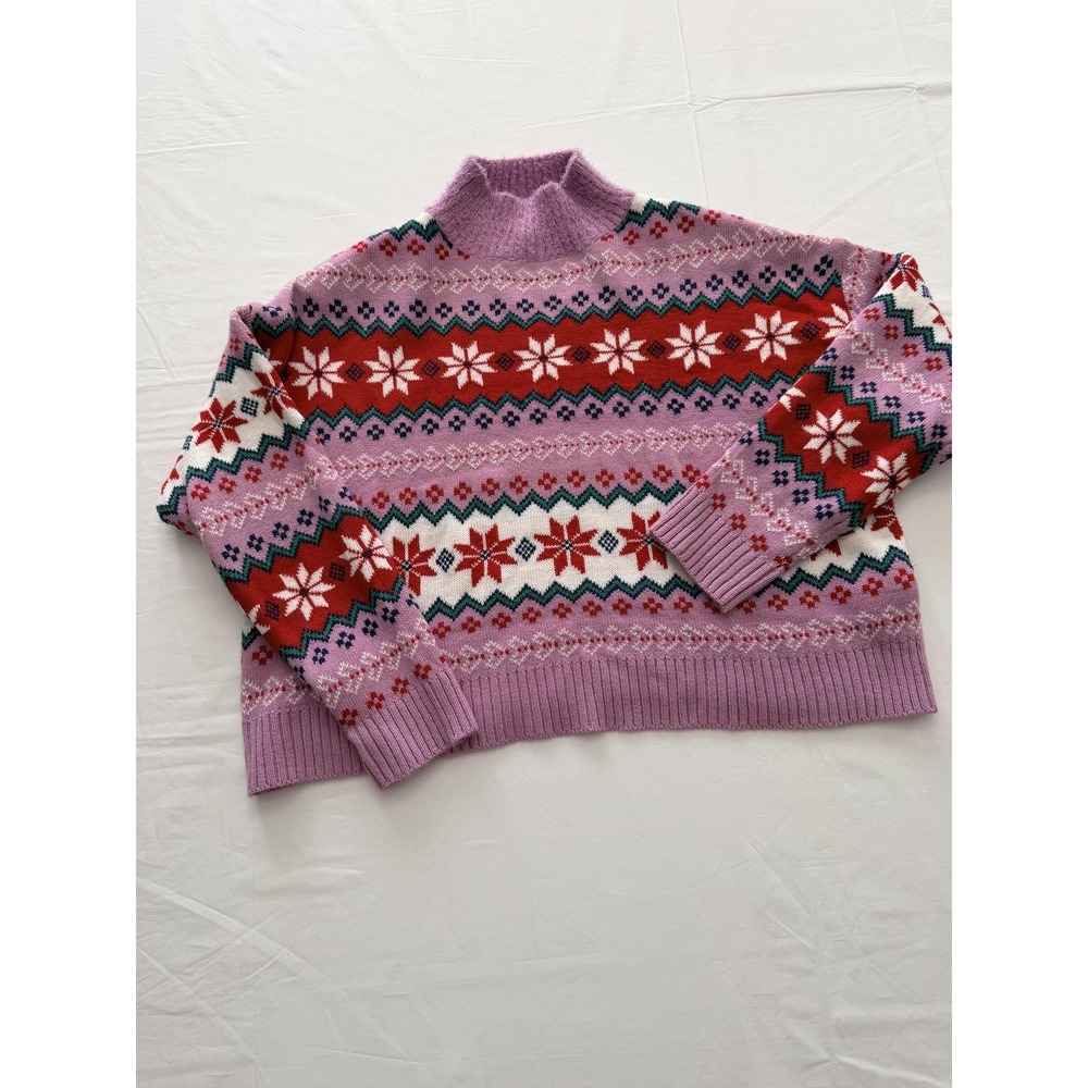 33 Degrees Sweater Womens XXL Purple Fair Isle Mock Neck Ugly Christmas Pullover